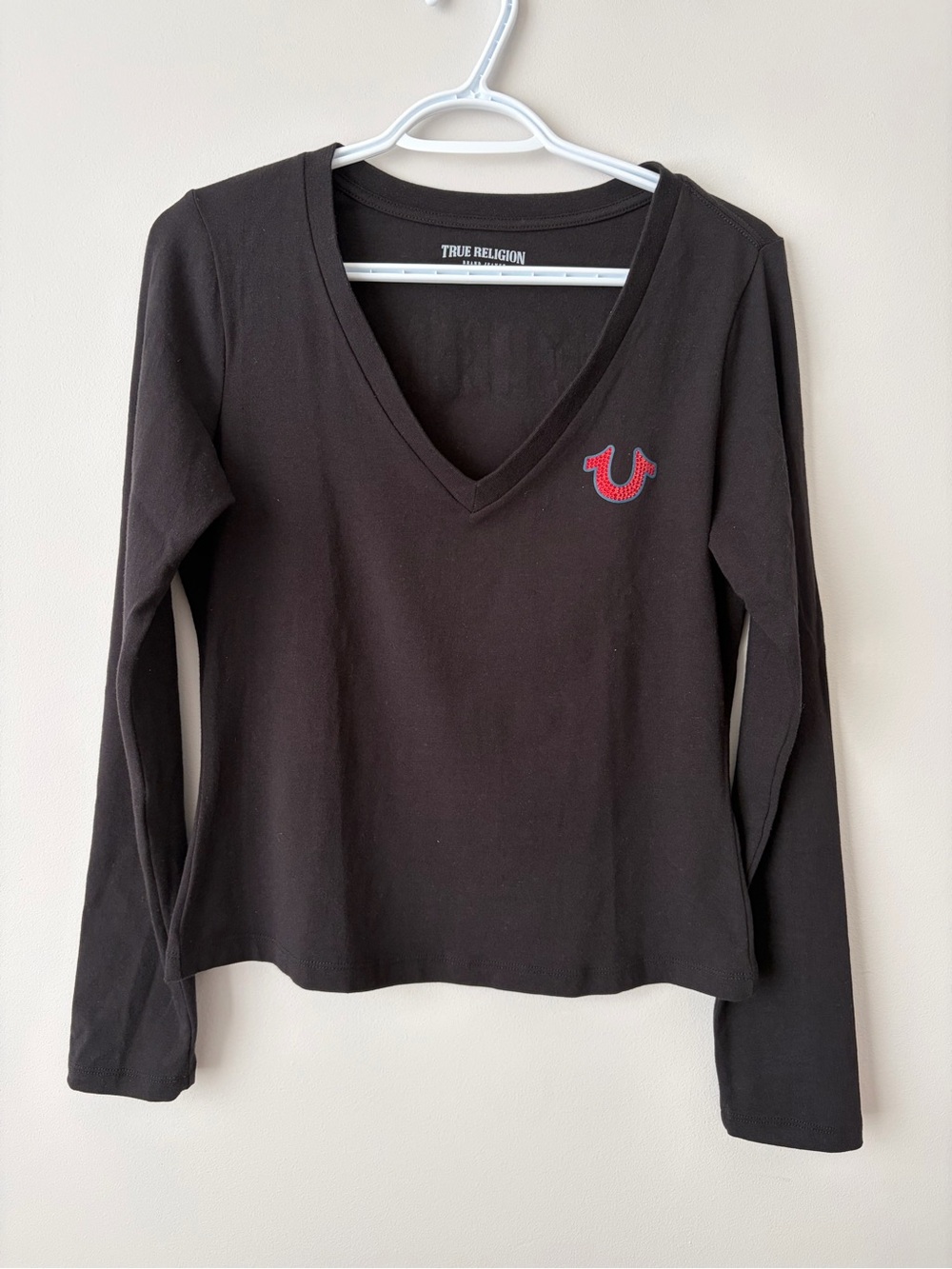True Religion Black Long Sleeve V-Neck Top with Red Logo